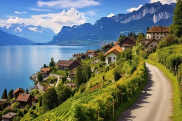 Fototapeta premium Swiss alpine village and traditional houses situated on a steep hillside overlooking lake thun. With a winding road leading through lush vineyards and impressive snow capped mountains under a blue sky