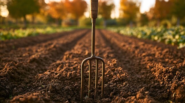 A garden fork stands vertically in freshly cultivated soil within an autumn weeding background where parallel vegetable rows disappear toward softly blurred trees glowing with muted seasonal color
