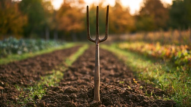 A garden fork stands vertically in freshly cultivated soil within an autumn weeding background where parallel vegetable rows disappear toward softly blurred trees glowing with muted seasonal color