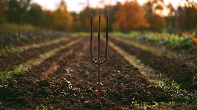 A garden fork stands vertically in freshly cultivated soil within an autumn weeding background where parallel vegetable rows disappear toward softly blurred trees glowing with muted seasonal color