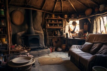 Fototapeta premium Rustic interior of a traditional hut showcasing a cozy living space with a wood burning stove, comfortable sofa, handmade crafts, and natural textures, embodying a simple, primitive lifestyle
