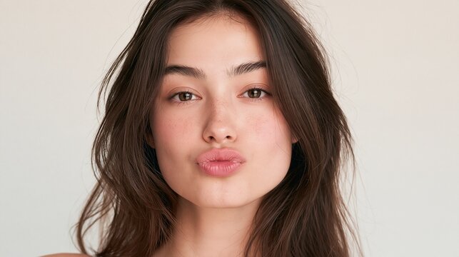 Beautiful young woman portrait with natural makeup and puckered lip pose