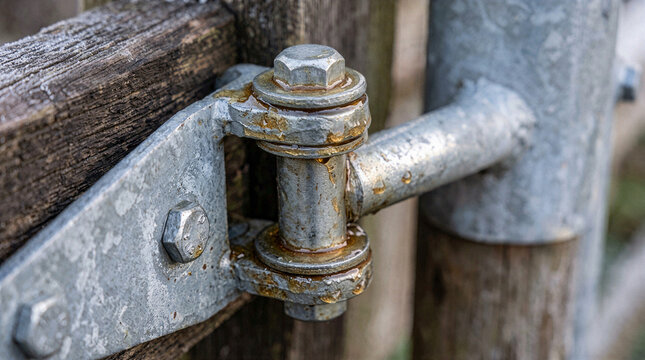 Lubricated metal gate hinge requiring maintenance on weathered wooden fence