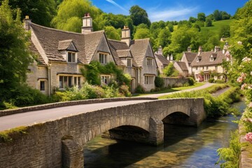 Fototapeta premium Cotswolds village with traditional stone cottages and an ancient stone bridge crossing a calm river, surrounded by lush green hills and blooming flora on a sunny day