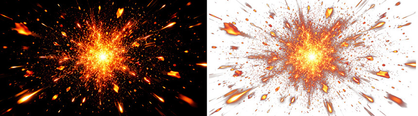 Cinematic fire explosion with glowing sparks and embers, dynamic orange fireball burst on black and white backgrounds, explosive fire effects © GraphicsWorld