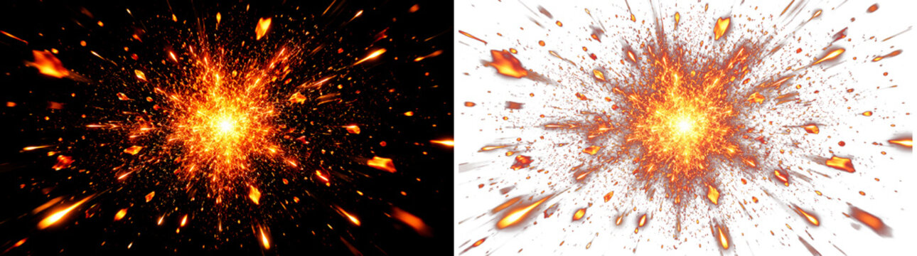 Cinematic fire explosion with glowing sparks and embers, dynamic orange fireball burst on black and white backgrounds, explosive fire effects