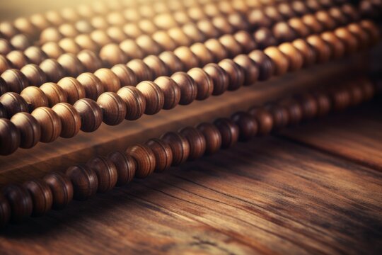 Wooden abacus with rounded beads on rods, classic counting tool for arithmetic, education and finance, close up highlighting texture, structure and traditional craftsmanship