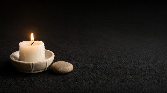 Minimalist memorial composition with a single white burning candle and basalt stone on black