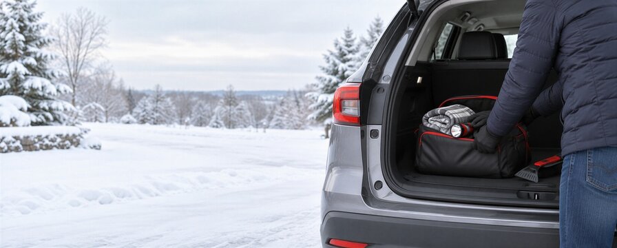Person packing a winter emergency kit into car trunk, roadside preparedness and cold weather vehicle safety banner with copy space