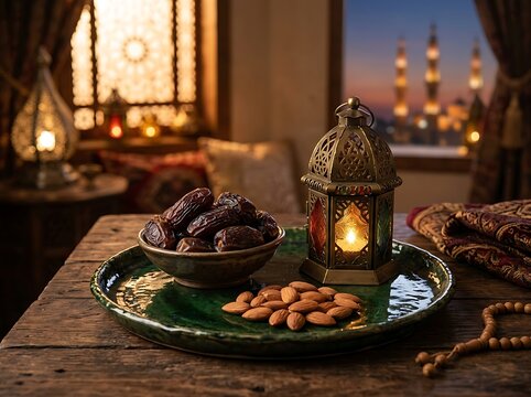 Dates almonds lantern and prayer beads on wooden table.