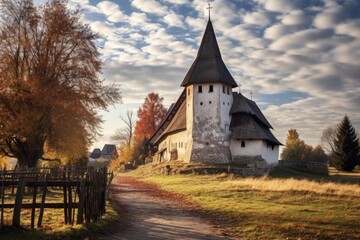 Fototapeta premium Ancient fortified church standing on a grassy hill beside a winding dirt road, surrounded by vibrant autumn foliage and a rustic wooden fence in a peaceful countryside setting under a dynamic sky