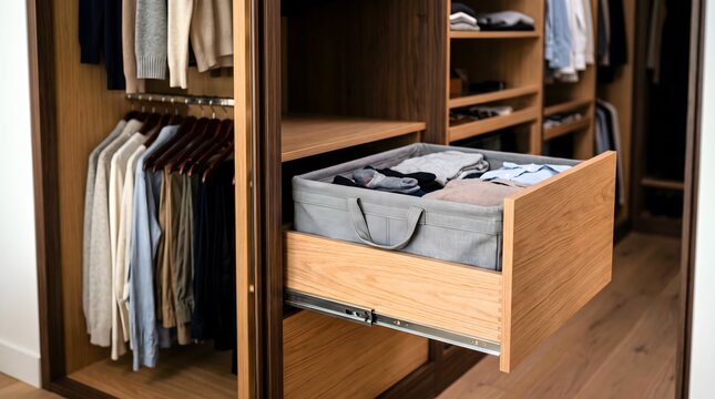 pull out wooden wardrobe drawer with removable fabric laundry hamper for discreet bedroom organization and convenient household clothing care