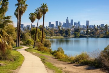 Fototapeta premium Los angeles downtown skyline with modern skyscrapers reflecting over echo park lake, winding path with palm trees lining the shore under a clear california sky, urban oasis view