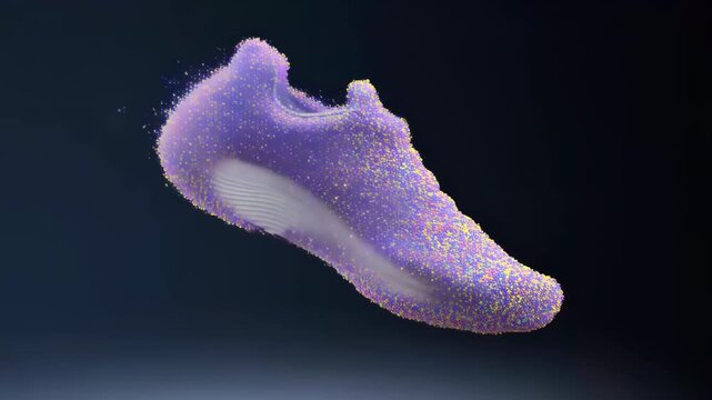 60 FPS Purple particle cloud morphs into white running sneaker floating on dark studio background