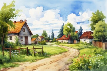 Fototapeta premium Watercolor landscape painting portraying a peaceful countryside village with old houses, lush green fields, flowering plants, and a winding pathway, evoking feelings of nostalgia and rural charm