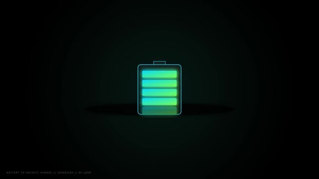 Animated Battery Icon Charging, Full Power, Energy Indicator, Green Neon Glow, Dark Background