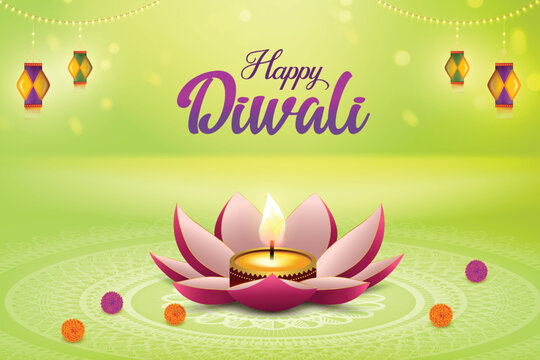 Happy Diwali Greetings With Flower Shaped Diya & Hanging Paper Lantern Lights On Green Background. Indian Festival Of Lights Banner Concept For E-commerce Greetings, Poster, Etc.