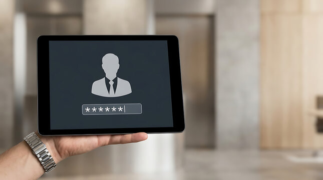 A person holding a digital tablet displaying a secure login screen with a user profile icon and password entry field, representing cyber security, digital banking, and data protection concepts.