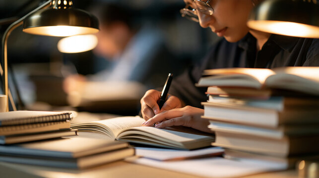 Faceless Indian student studying late at night surrounded by books and notes, hard work and perseverance for exams, with copy space