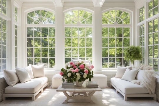 Elegant sunroom interior design creating a peaceful haven. Featuring large arched windows opening to a lush green garden view. Comfortable white sofas. Inviting relaxation and natural light