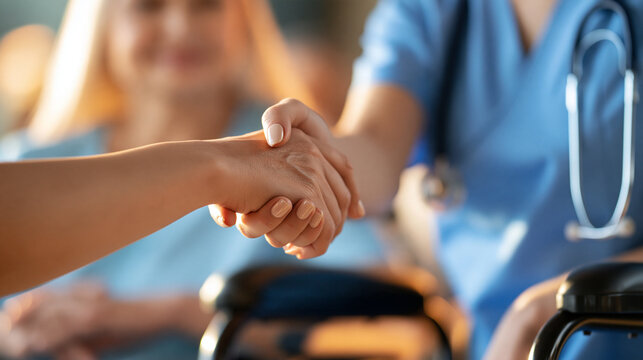 Faceless nurse holding hands with an old man in a wheelchair at a nursing home, support and trust for rehabilitation, assisted living, caregiver and senior person with disability,