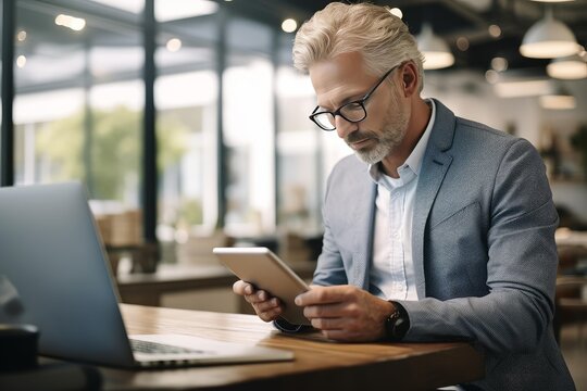 Mature businessman with gray hair and glasses focused on a digital tablet at a wooden desk beside a laptop, illustrating modern remote work, productivity, and digital workflow in an office space