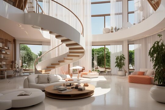 Modern luxury villa interior with dramatic curved staircase, bright open plan living area, contemporary furniture, large sunlit windows and indoor plants for a serene, spacious feel