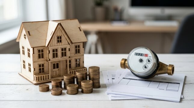 A wooden model house is placed next to stacks of coins, utility bills, and a water meter on a white table, illustrating home expenses, utility bills management, and saving money