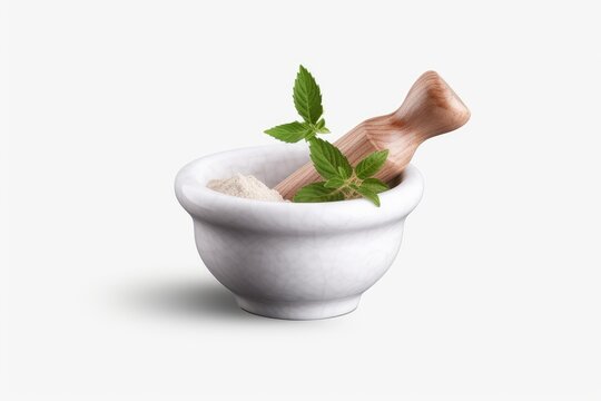 Mortar and pestle with fresh green mint leaves and fine white powder representing natural remedies, herbal medicine preparation, and the concept of alternative health treatments