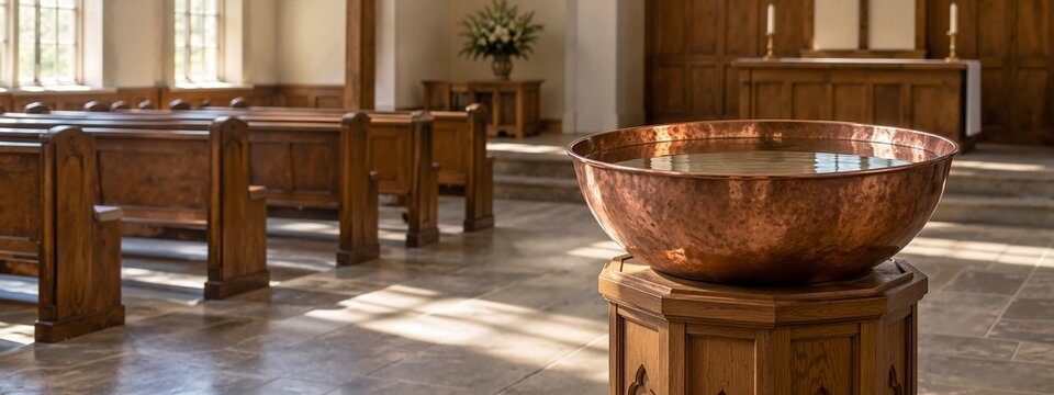 Copper baptism bowl in peaceful church interior with wooden pews and natural lighting. The copper baptism bowl complements the serene environment, creating a harmonious space for worship.