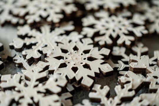 Many small wooden snowflakes are creating a festive christmas decoration