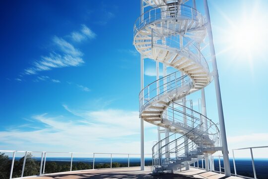 White metal spiral staircase extending upwards against a clear blue sky, reaching for the sun with a visible lens flare, offering an elevated perspective and a path to success