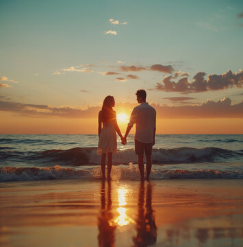 Back voew cinematic shot. Romantic couple holding hands in their vacation standing on a beach by the sea. 