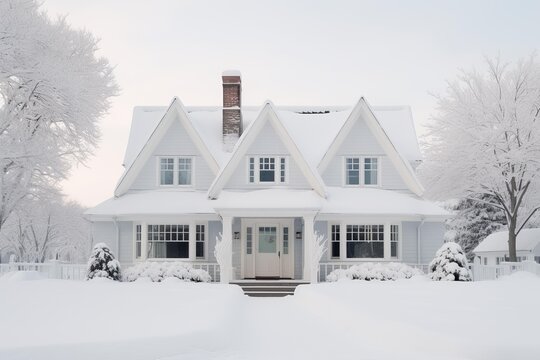 Cozy residential house covered in deep fresh snow on a serene winter day, showcasing a charming property with a warm home feeling and peaceful atmosphere in a cold landscape
