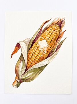 Watercolor illustration of corn cob with butter for autumn harvest