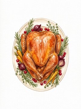 Watercolor illustration of roasted Thanksgiving turkey on a platter with herbs