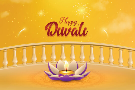 Happy Diwali Greeting Design With Flower Shaped Diya Lit On A Balcony & Sparkling Fireworks In The Night Sky, Yellow Background. Indian Hindu Festival Concept For E-commerce Poster, Banner