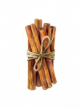 Watercolor illustration of cinnamon sticks tied with twine for autumn spice