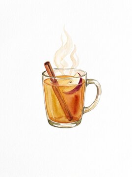 Watercolor illustration of mug of warm apple cider with cinnamon stick