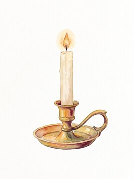 Watercolor illustration of lit candle in brass holder for cozy autumn atmosphere