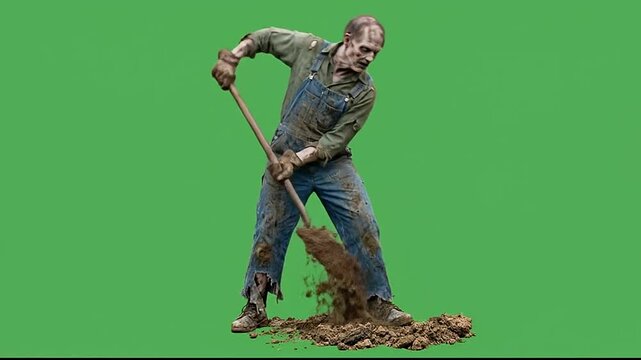 Halloween zombie in denim overalls digging soil on green screen