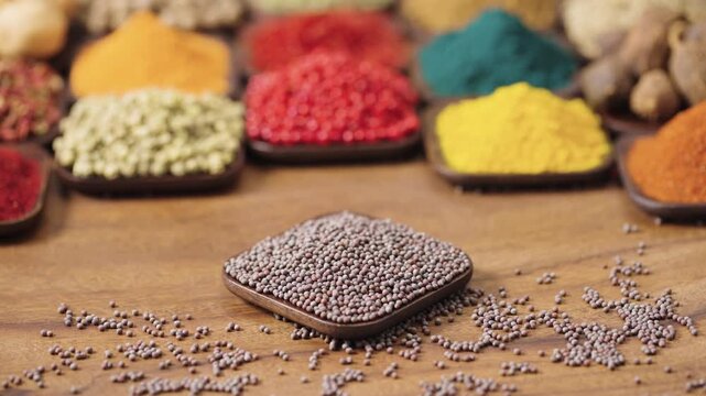 black mustard seeds known as brassica nigra in a square bowl on a wooden table, surrounded by various spices and herbs.