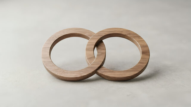 Interlinked wooden rings representing connection and partnership on light background