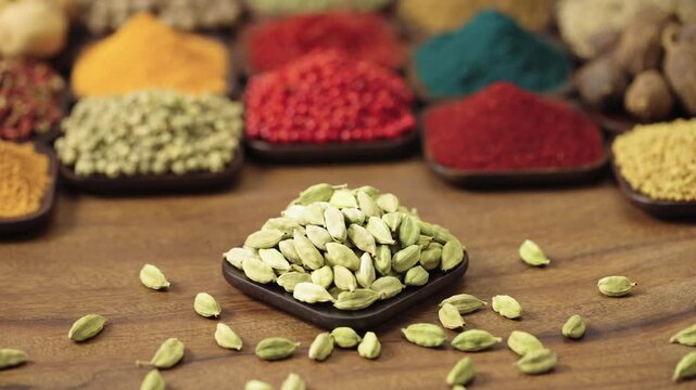 green cardamom seed pods in a square bowl on a wooden table, surrounded by various spices and herbs.