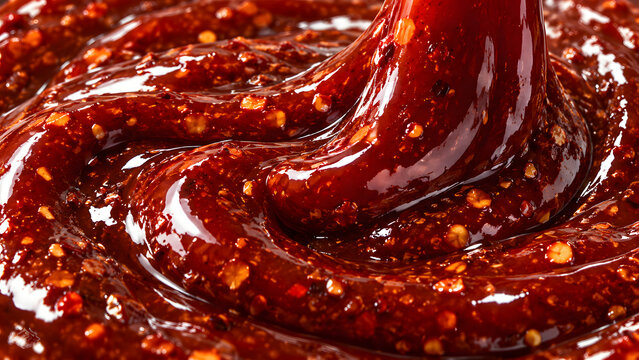 Close up of spicy red chili paste with seeds and thick texture for cooking tasty traditional asian food and seasoning spicy barbecue dishes at home