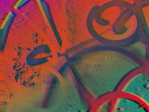 Abstract distressed red and blue glitch halftone background with datamosh dot pattern and street art graffiti motifs. Suits cyberpunk streetwear and DJ event flyer design with raw underground energy.