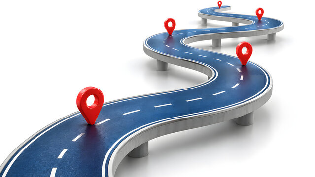 Navigating the twists and turns of a strategic path with multiple milestones and future destinations, symbolizing progress and careful planning towards a successful outcome