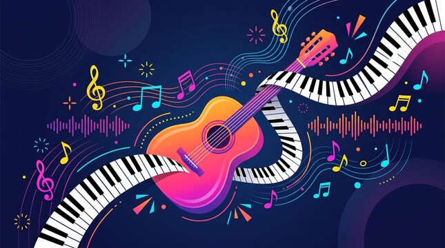 Colorful vector illustration of guitar piano music notes for creative music projects