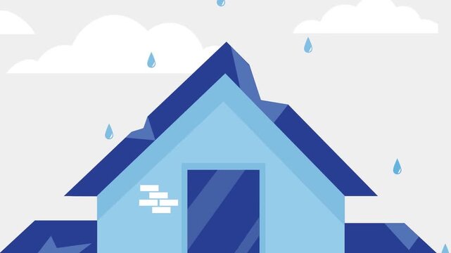 Blue house illustration featuring raining water drops falling from clouds during stormy weather animation video footage