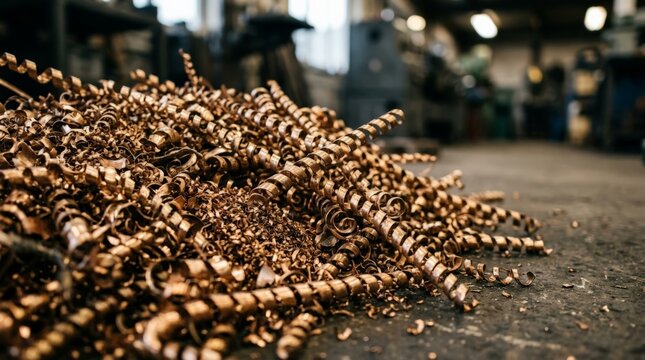 A detailed close-up shot captures a massive pile of copper wire scrap resting on a dirty workshop floor, surrounded by metal shavings and manufacturing equipment in the background